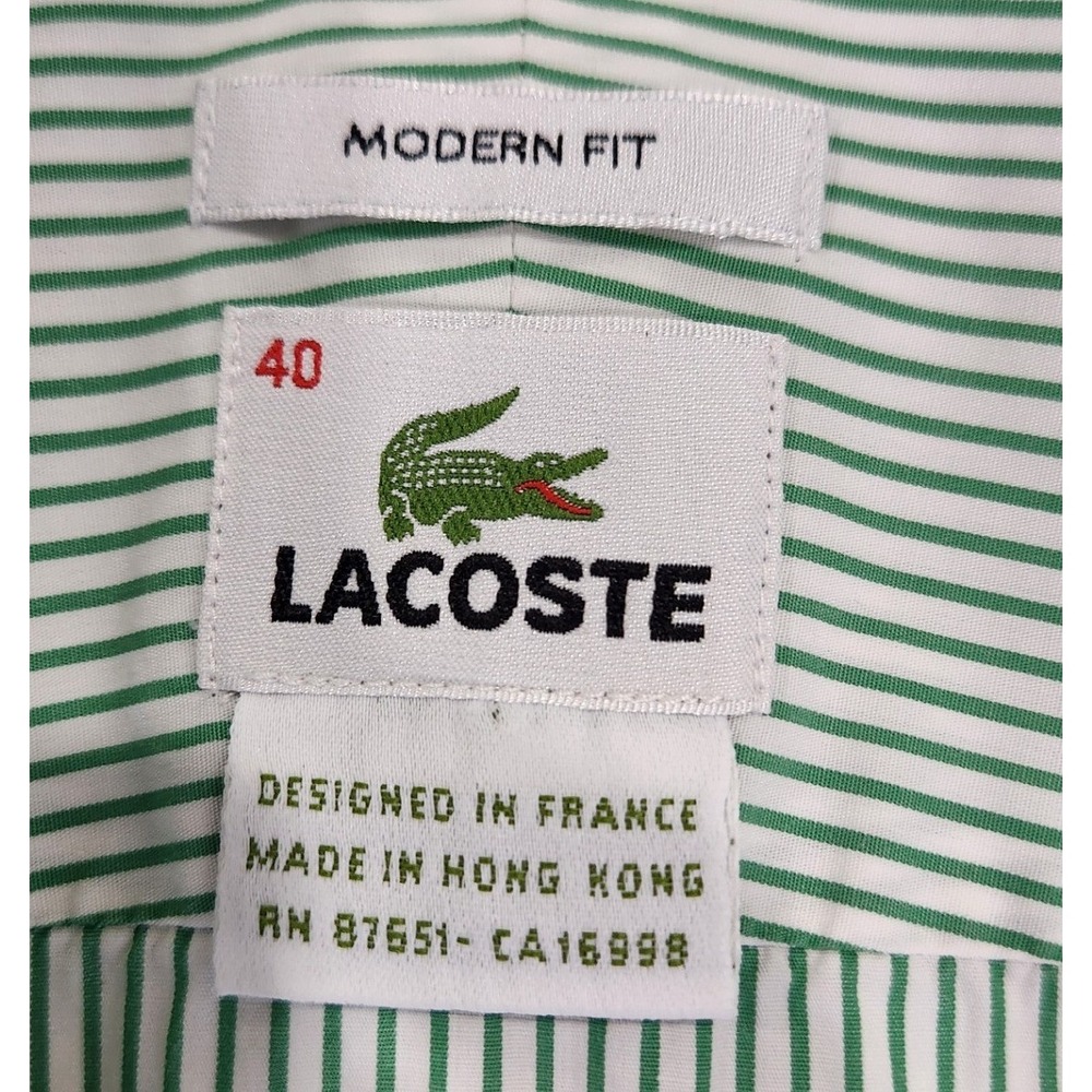 Lacoste Mens Green White Striped Short Sleeve Button Down Shirt Modern Fit 40 - Picture 4 of 7